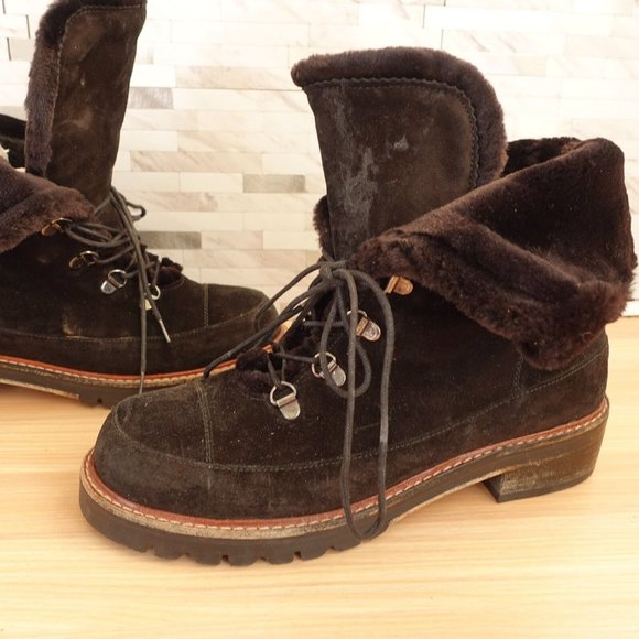 STUART WEITZMAN Boots Women 8 Black Combat Fleece Shearling Velvet Lug Sole Luge - Picture 3 of 16